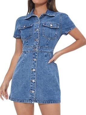 Cute Denim Button Up Mini Dress With Pockets Sz Petite S - GREAT CONDITION